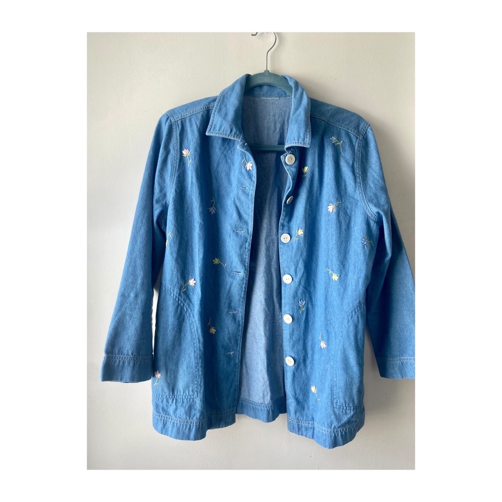 Vintage Jean Shacket / Chore Jacket with Embroidered Flowers